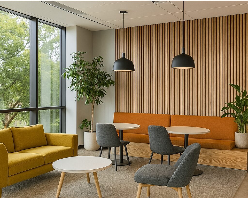 Biophilic office interior with hanging plants, natural light, and earthy textures in a South African workspace