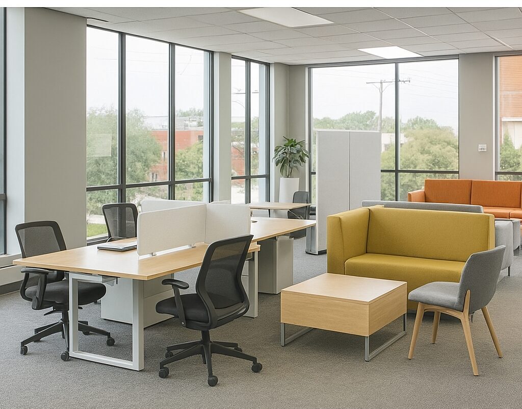 Modular office furniture setup in a hybrid workspace with flexible seating and collaborative zones