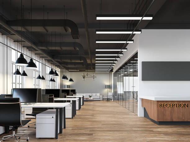 Open-plan office with task lighting and ergonomic furniture creating a balanced, professional environment